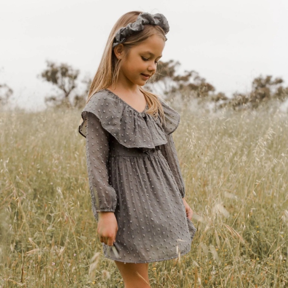 Girls' Grey Swiss Dot Ruffle Formal Dress
